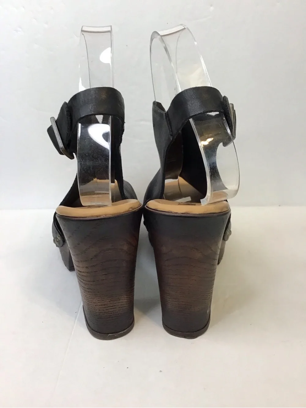 KORKS Women's Black Leather Sling-back Open Toe Nail-head Studded Platform Heels